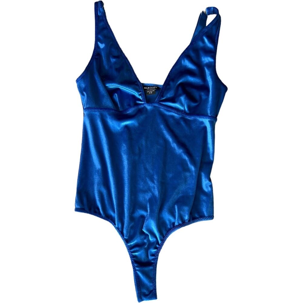 New Guess Marciano Limo Velvet Velour V Neck Cobalt Blue Bodysuit Top XS